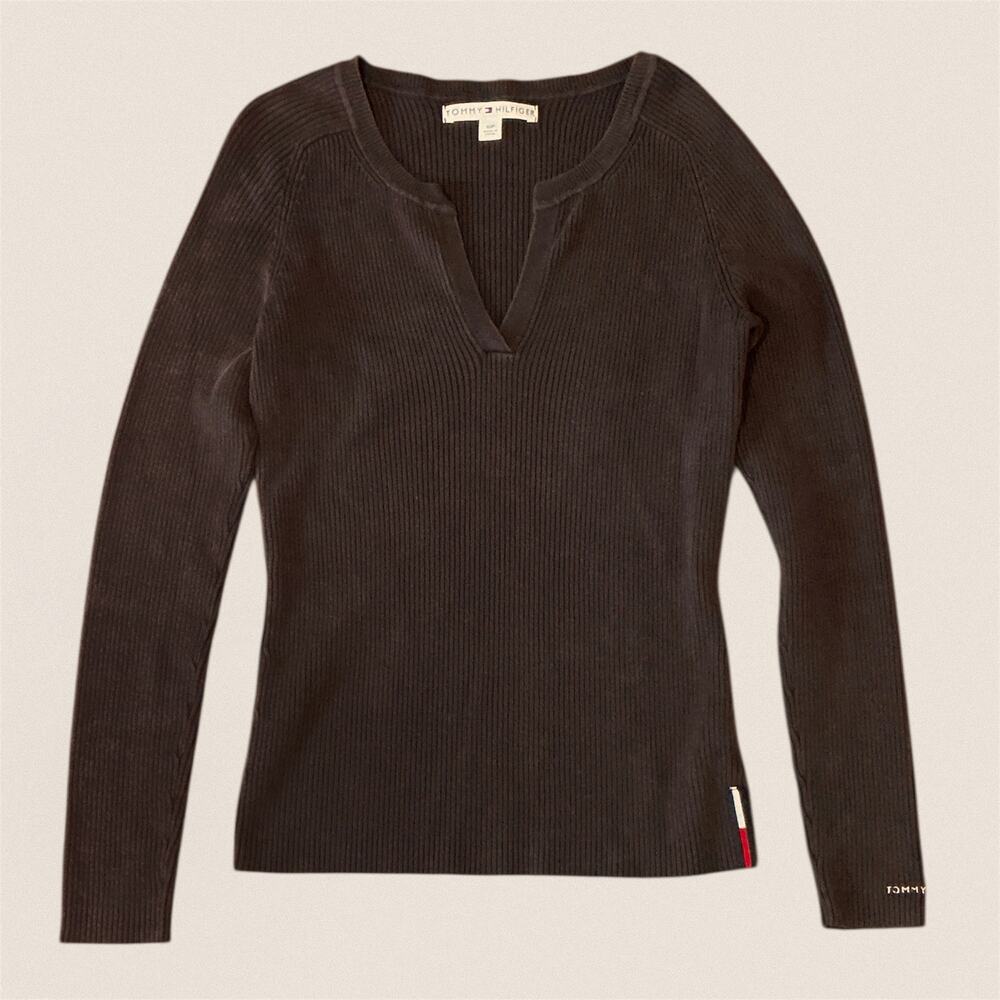Y2K 2000s 00s Brown V neck Ribbed Sweater Top Long Sleeve Tommy Hilfiger - Small